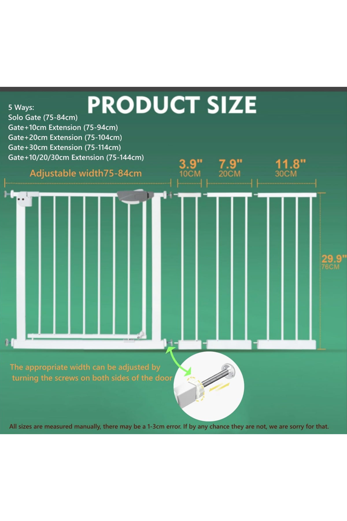 Star Babies - Auto-Close Safety Baby Gate - 75-84cm + 30cm Extension Kit