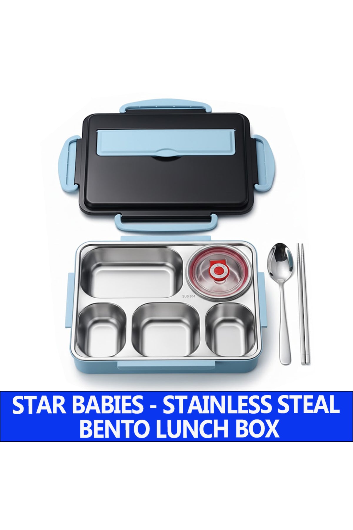 Star Babies Food Grade 304 Stainless Steel Bento Lunch Box with 5 Compartments and Leak-Proof Lid - Blue