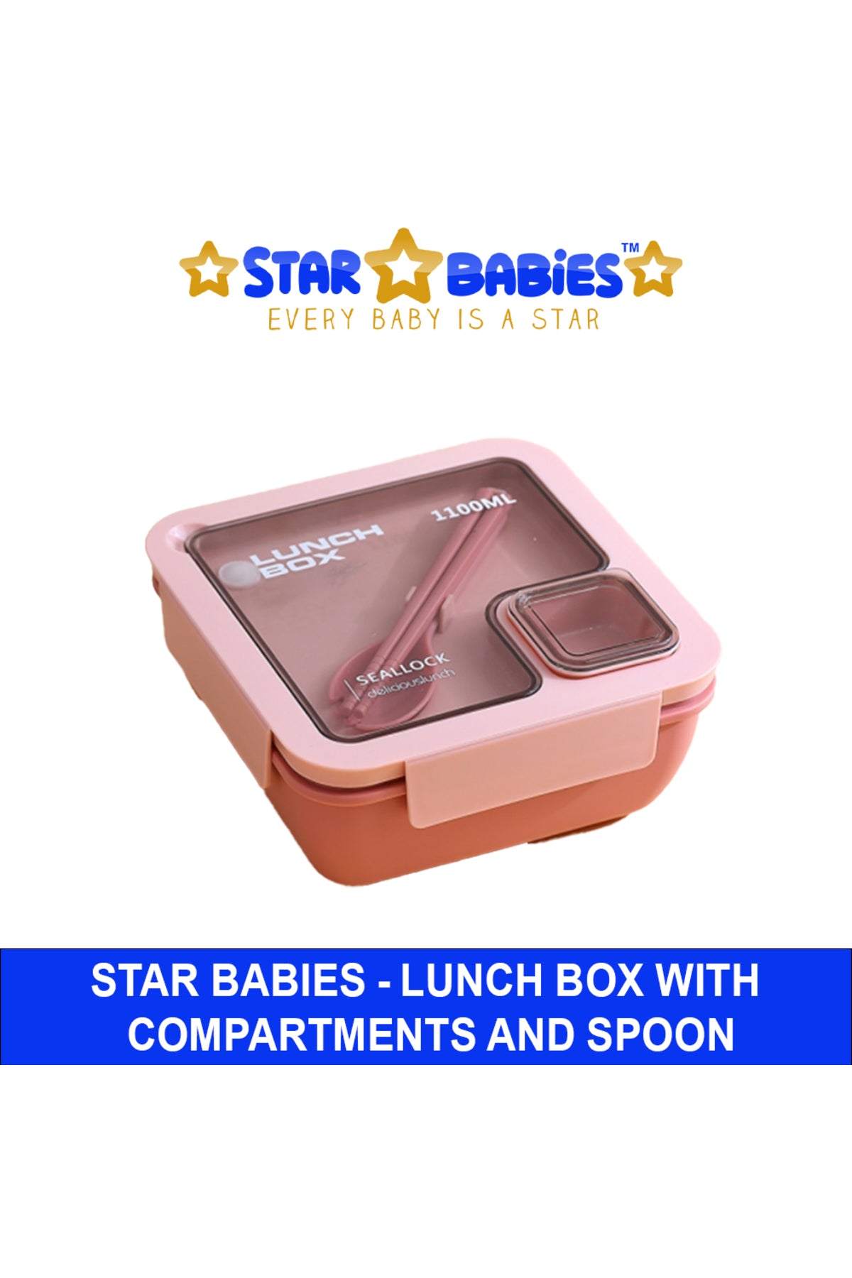 Star Babies - Lunch Box With 2 Compartments, Spoon And Fork - Pink - 1100ml