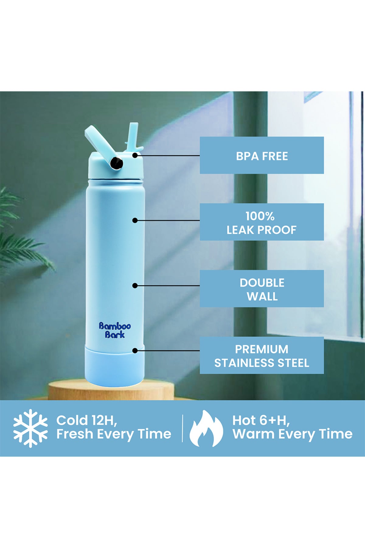 Bamboo Bark 750 ML Insulated Water Bottle with Sipper Lid – Stainless Steel Double Wall Vacuum Flask for Hot & Cold Water Leak-Proof (Powder Blue)