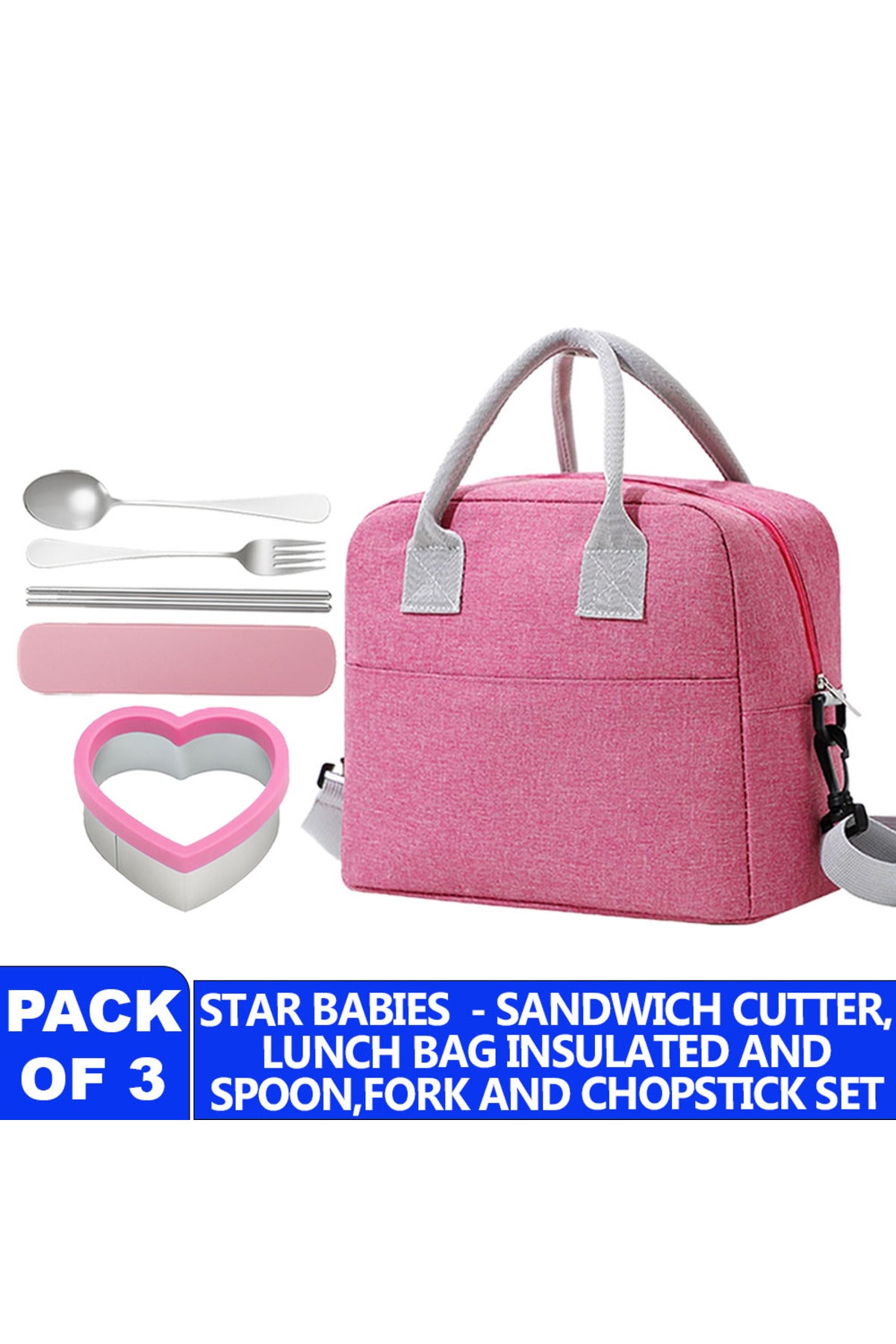 Star Babies Insulated Lunch bag, Sandwich Cutter, fork and spoon set- Pink