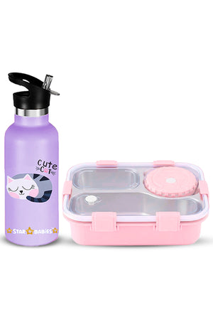 Star Babies Kids Lunch Box & Water Bottle Set | 500ml Stainless Steel Water Bottle | 3-Compartment Food Grade 304 Stainless Steel Lunch Box