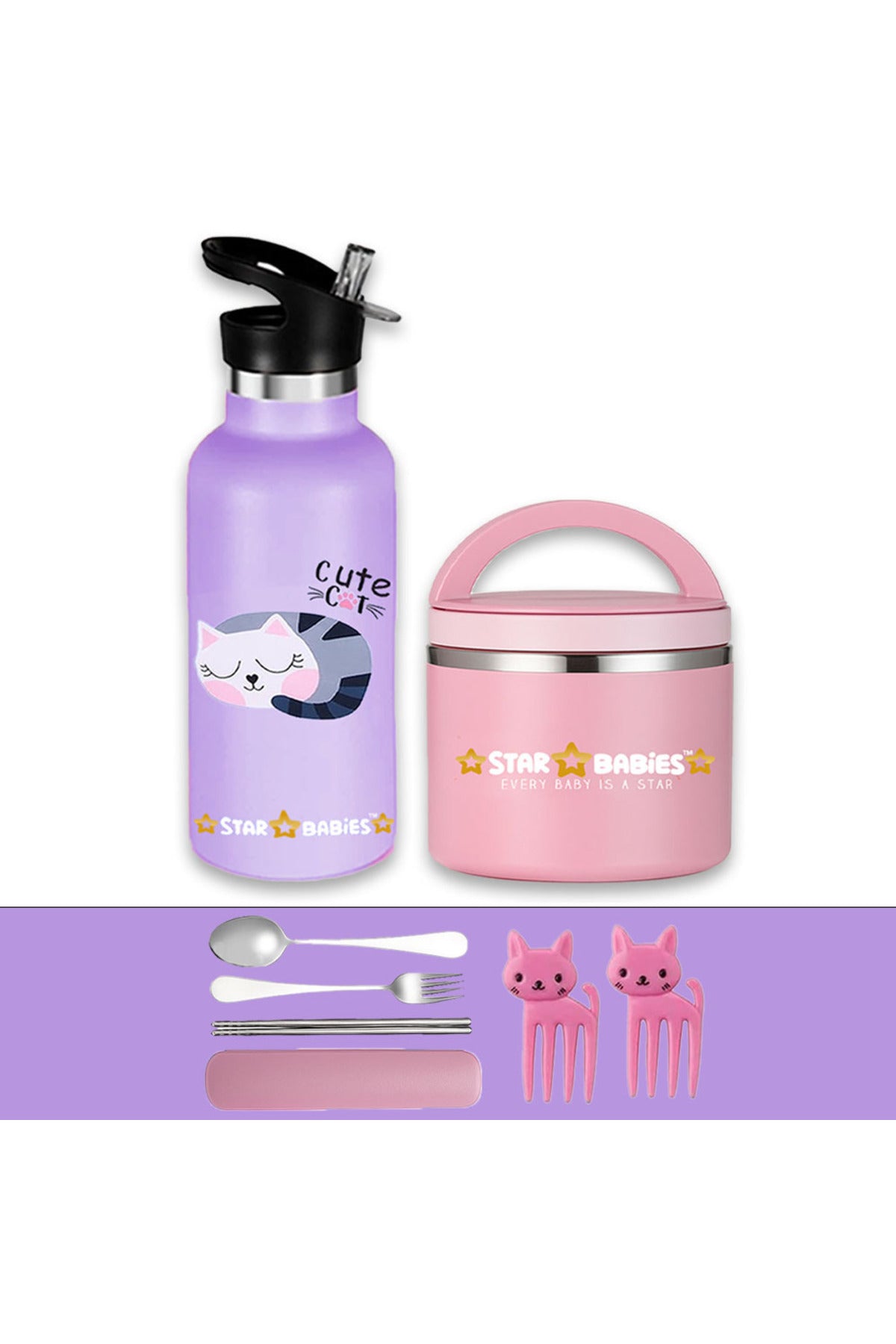 Star Babies - Stainless Steel Bottle & Food Jar + 2 Fruit Picks + Fork-Spoon Set_Cat