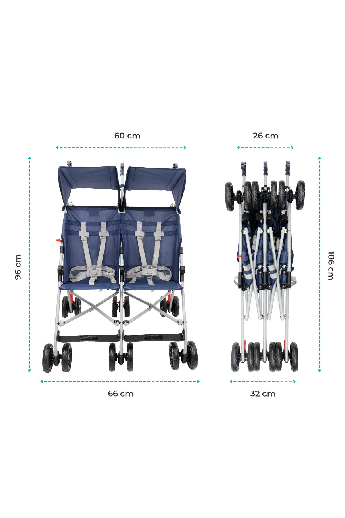 MOON  Jet Plus  Twin Buggy Lightweight Travel strollers - up to 30Kg,6m+ -Dark Blue