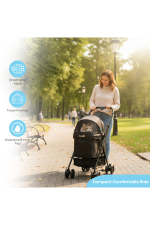 Moon  PawPerch Pet Stroller , Lightweight Foldable | Storage Basket & Waterproof Pad-Black