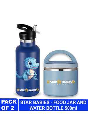 Star Babies Dino Theme Anti Spil Stainless Steel 500ml Water Bottles, Vacuum Insulated Double Wall Travel Bottle with Leak-Proof hot and cold with a special Straw 3 to 6 Years-  Navy Blue With food jar Blue - 500ml