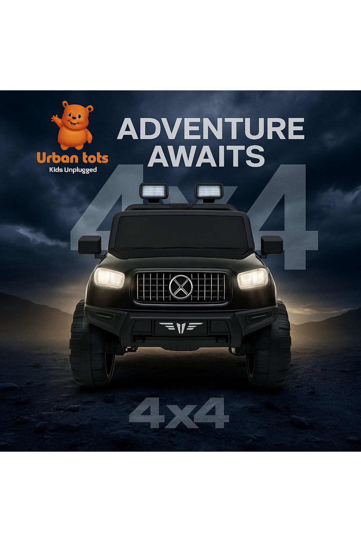 Urban Tots Off-Road Ride-On Jeep for Kids – 12V Battery Operated Electric Car with Dual Motor, LED Lights, Music, and Parental Remote Control – BLACK
