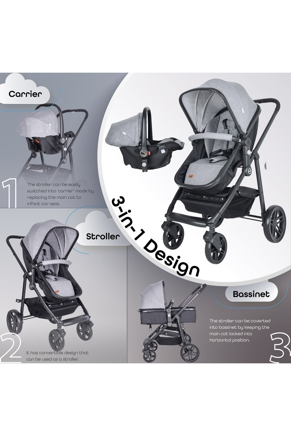 MOON Tres 3 in 1  Travel System - Light Grey