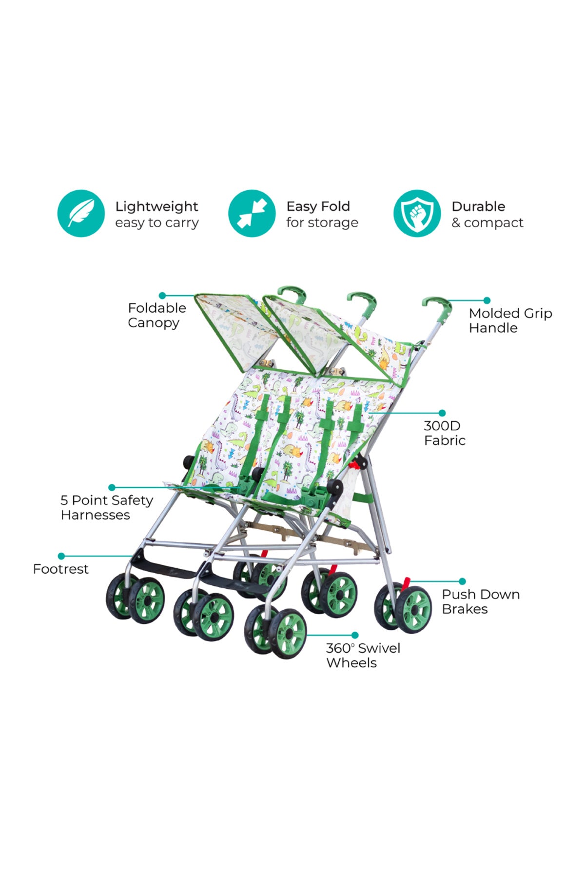 MOON Jet Plus Twin Buggy Lightweight Travel strollers -Umbrella Fold- up to 30Kg,6m+ - Green