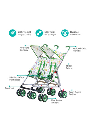MOON Jet Plus Twin Buggy Lightweight Travel strollers -Umbrella Fold- up to 30Kg,6m+ - Green