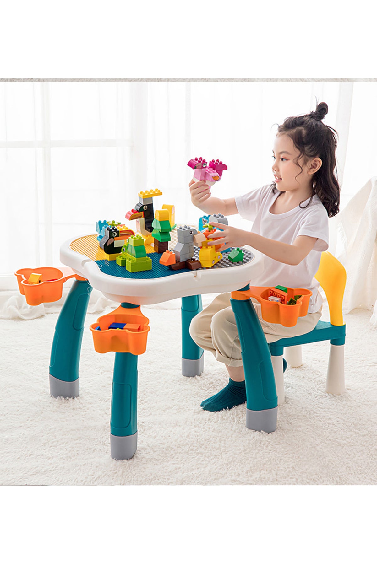 Kikibebe Plum Blossom Shape Building Block Table With Chair – 100 Pieces Building Blocks – Deep Lake Green