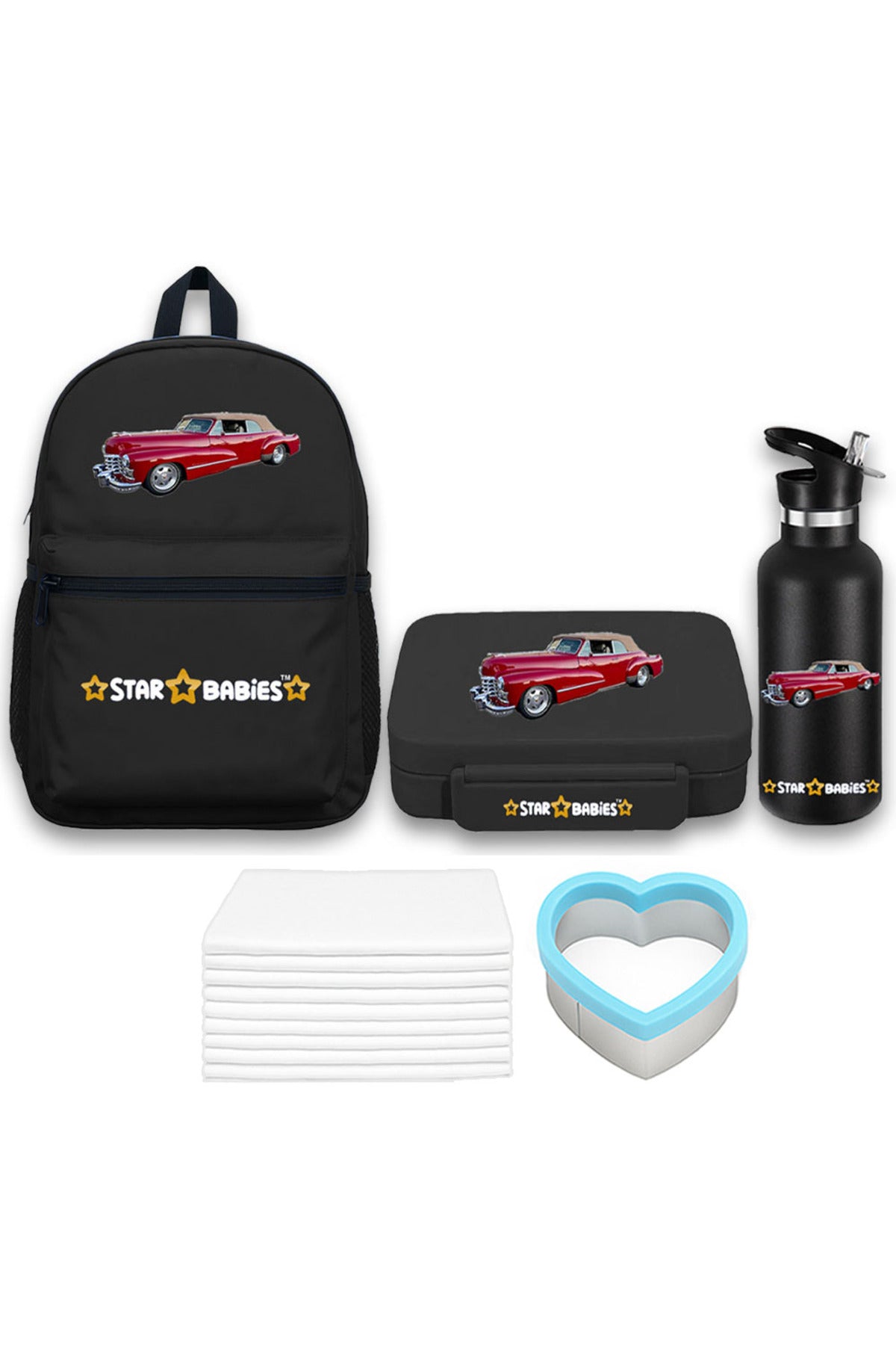 Star Babies 16-Inch Retro Car Themed Children's Backpack for boys Adjustable Shoulder Strap for Hiking Large with 500 ml Stainless Steel Water Bottle and Bento Lunch Box with 4 Compartments, Leak-Proof, Toddler-Friendly, 3 Years+, Pack of 3