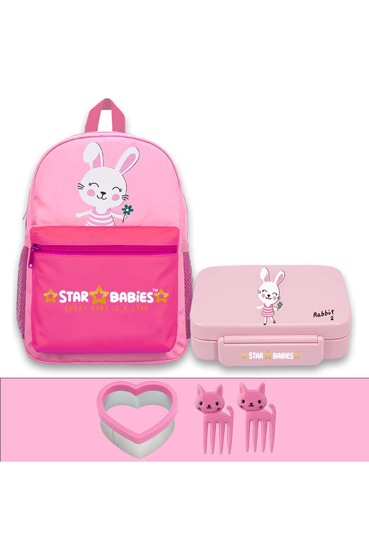 Star Babies 16-Inch Cute Rabbit Themed Children's Backpack with Adjustable Shoulder Strap for Hiking Large with Bento Lunch Box with 4 Compartments, BPA Free, Leak-Proof, Toddler-Friendly, 3 Years+ size,Pack of 2