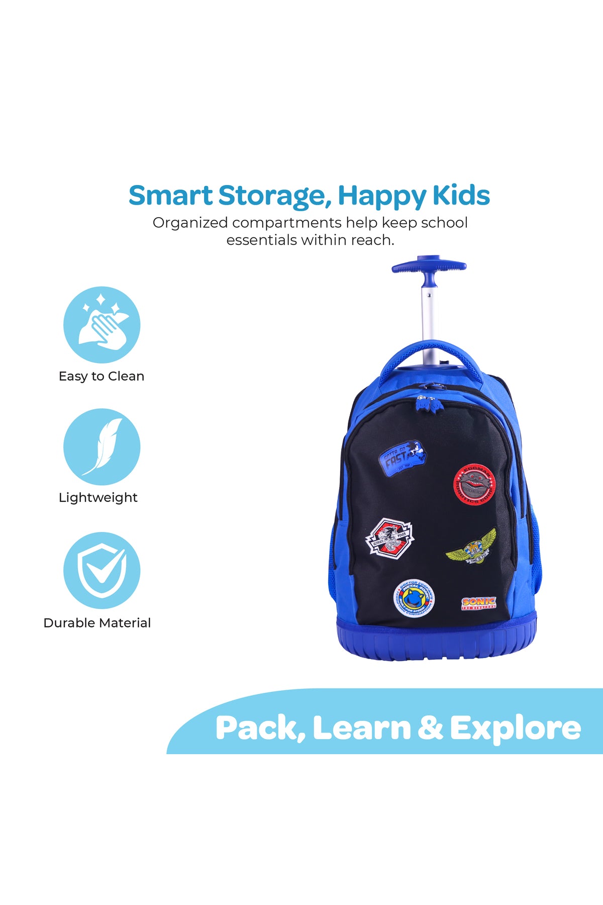 MOON Licensed SONIC  the Hedgehog 3-in-1 Kids Trolley Backpack Set     - (18-Inch) Premium Kids School Bag with Lunch Bag & Pencil Case-Black&Blue