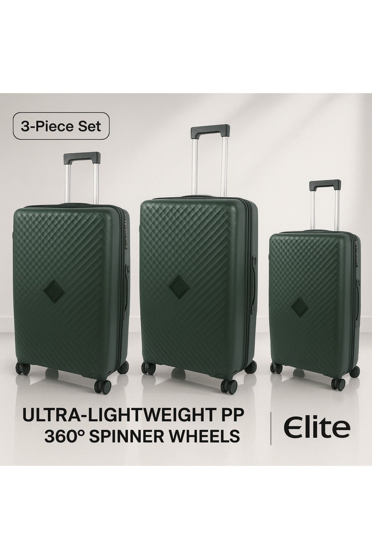 ELITE 3-Piece Hard-Shell Luggage Set (20/24/28) – Lightweight Spinner Suitcase – Dark Green