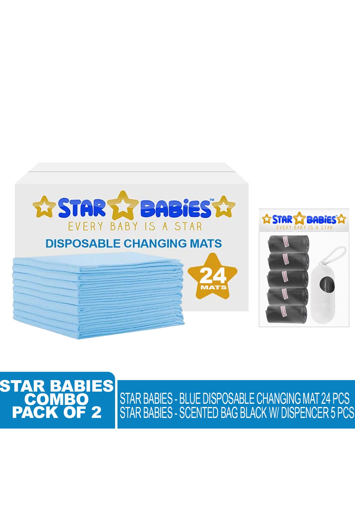 Star Babies Disposable Changing Mats + Scented Bag With Dispenser Blue & Black - 30 Pieces