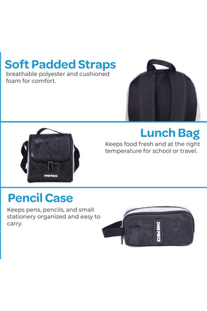 MOON Licensed One Piece 3-in-1 Kids School Backpack set    - (17-Inch) Premium Kids School Bag with Lunch Bag & Pencil Case-Black&Grey