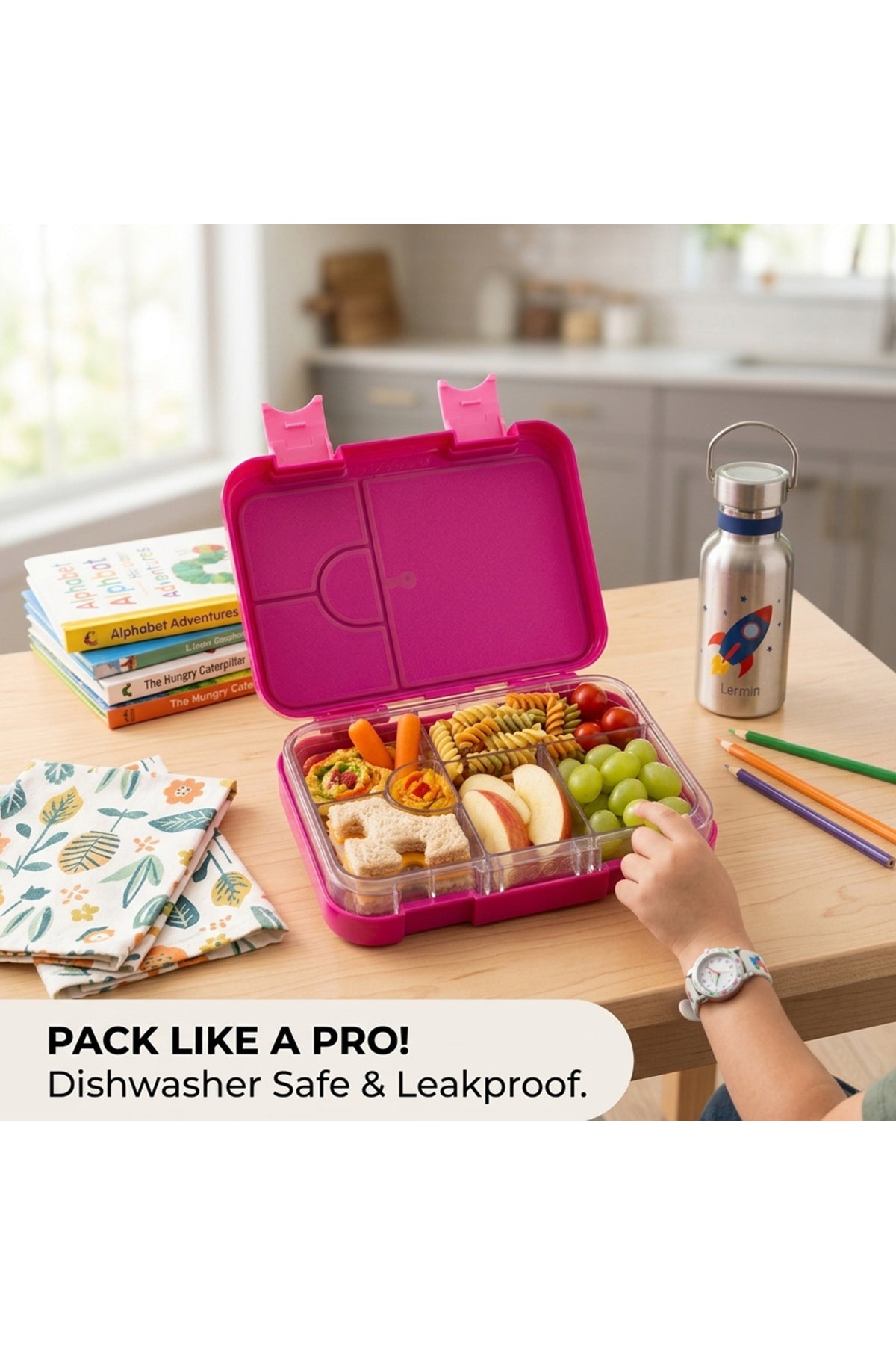 Cocobee-Bento Lunch Box, Bpa Free, Microwave Safe Removable Tray, 6 Adjustable Compartments, Leakproof, Lightweight, 22X15.5X5Cm, 1L, 3 Years+ - Dark Pink