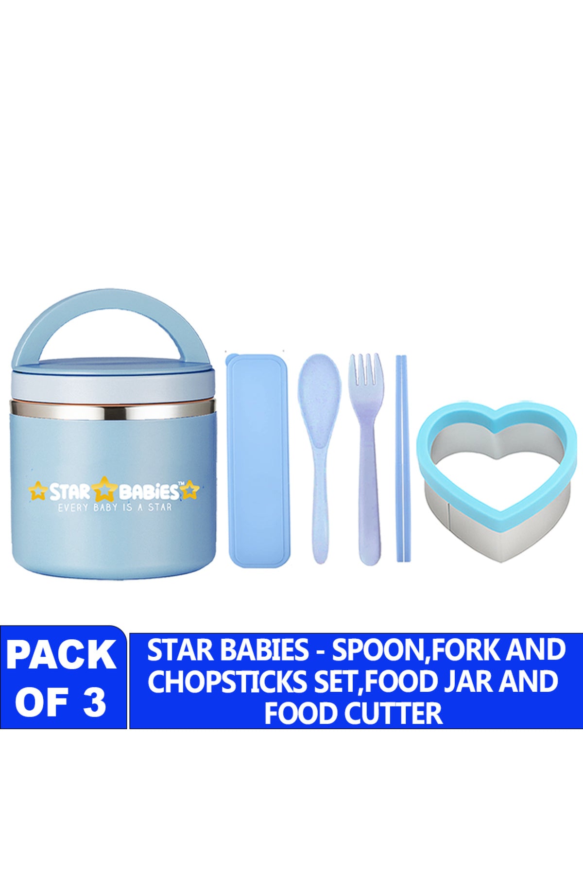 Star Babies Stainless Steel Food Jar, Sandwich Cutter with Fork-Spoon Set Blue