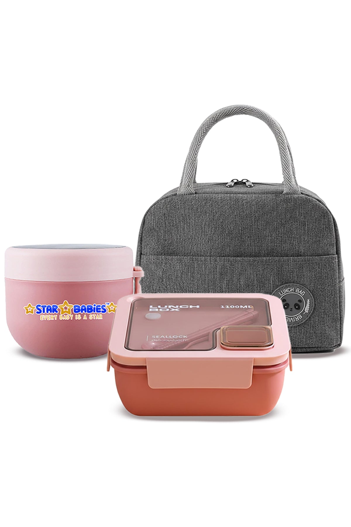 Star Babies - Insulated Lunch Bag With Lunch Box & Food Jar - Pink/Grey - 3 Pcs