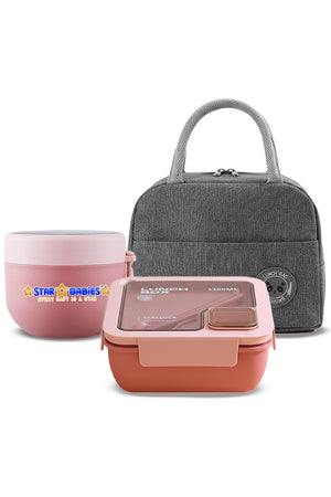 Star Babies - Insulated Lunch Bag With Lunch Box & Food Jar - Pink/Grey - 3 Pcs
