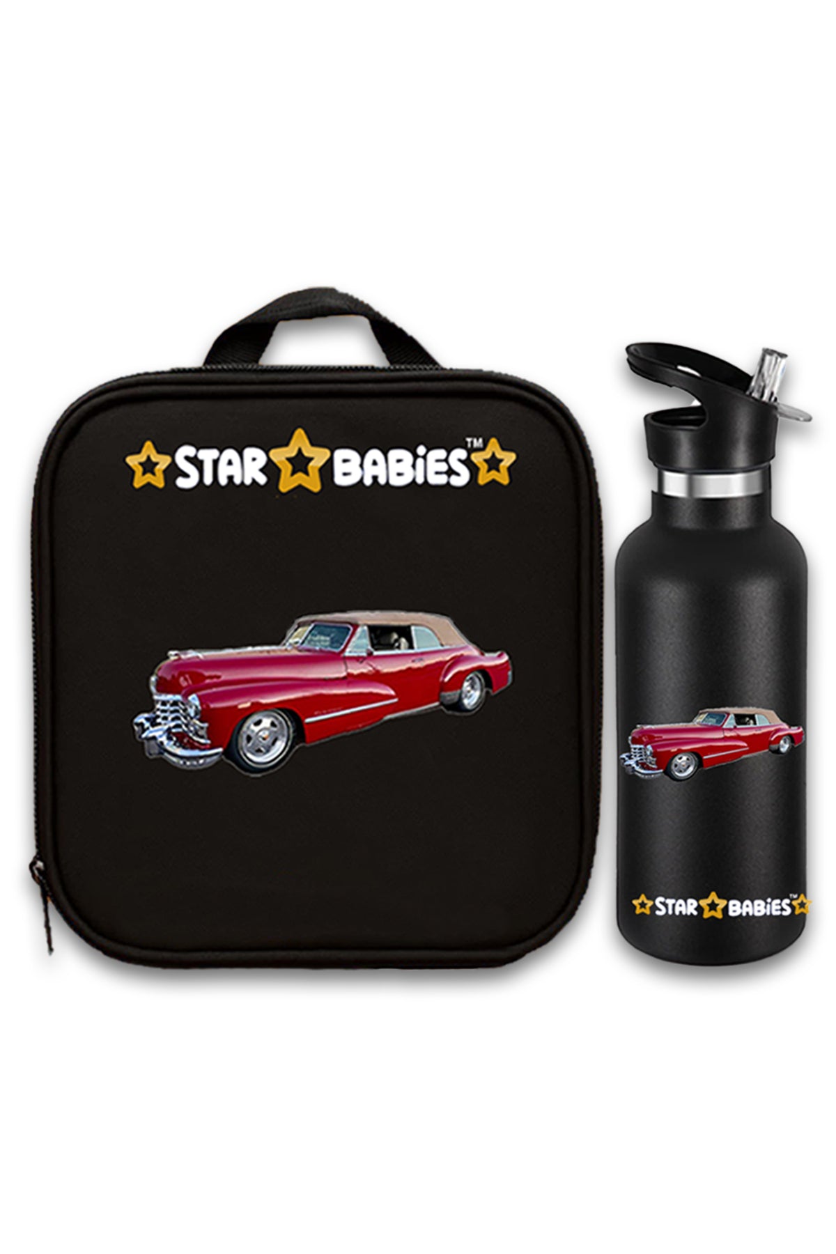 Star Babies Retro Car Themed Bento Lunch Bag , Toddler-Friendly, 3 Years+, Easy to clean-  with 500ml Stainless Steel Water bottle