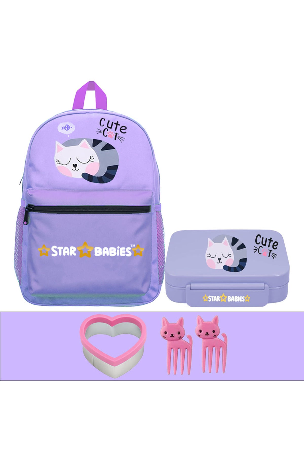 Star Babies 16-Inch Cute Cat themed Children's Backpack with Adjustable Shoulder Strap for Hiking Large with Bento Lunch Box with 4 Compartments, BPA Free, Leak-Proof, Toddler-Friendly, 3 Years+ size,Pack of 2