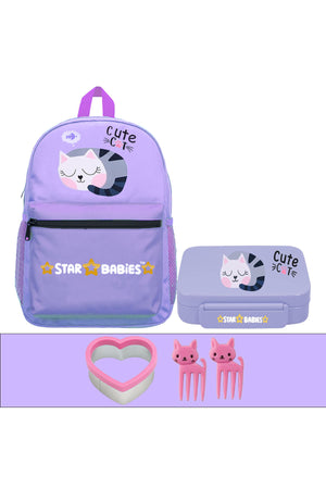 Star Babies 16-Inch Cute Cat themed Children's Backpack with Adjustable Shoulder Strap for Hiking Large with Bento Lunch Box with 4 Compartments, BPA Free, Leak-Proof, Toddler-Friendly, 3 Years+ size,Pack of 2
