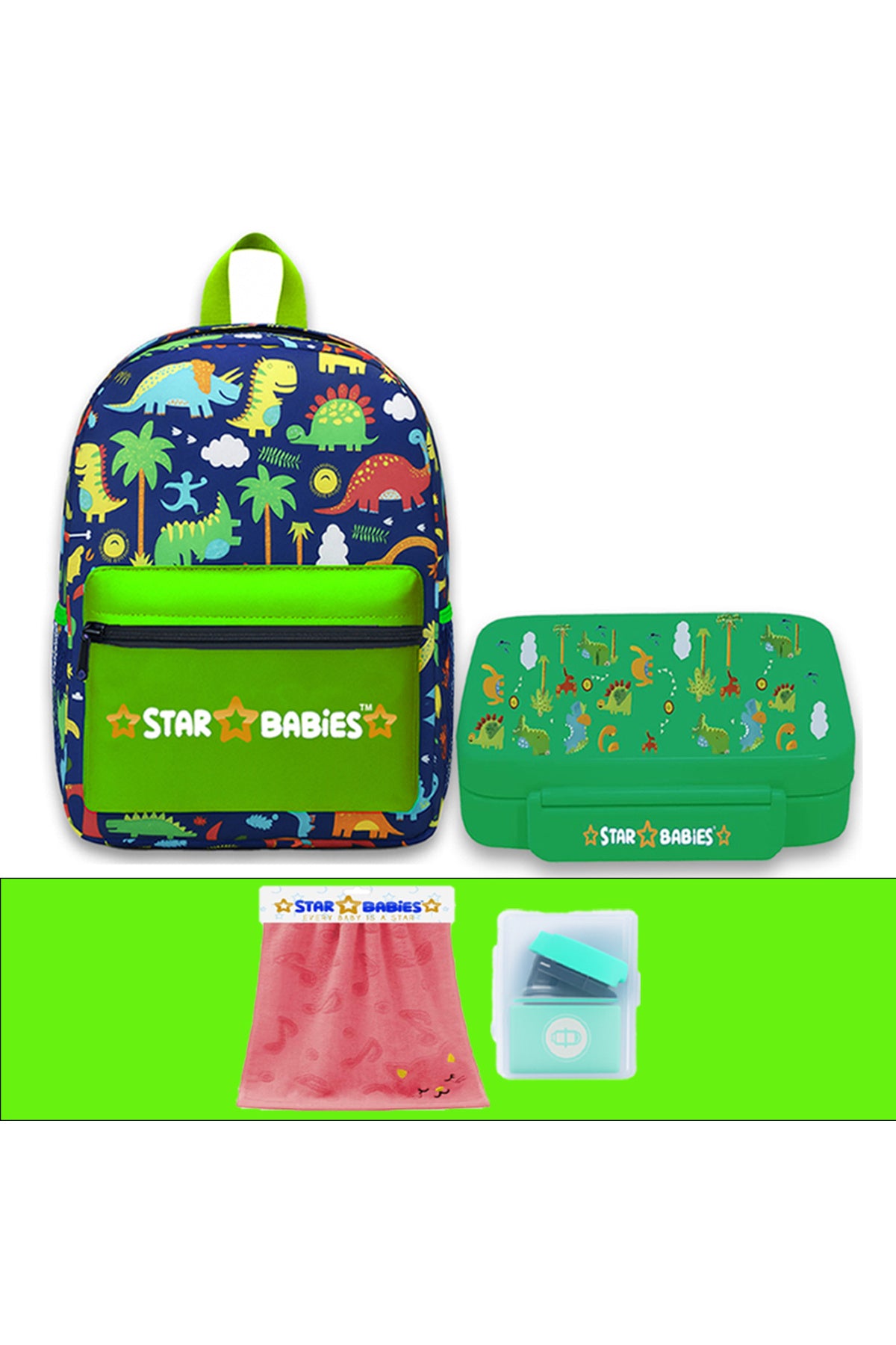 Star Babies 16-Inch Jungle Green Themed Children's Backpack with Adjustable Shoulder Strap for Hiking Large with Bento Lunch Box with 4 Compartments, BPA Free, Leak-Proof, Toddler-Friendly, 3 Years+ size,Pack of 2