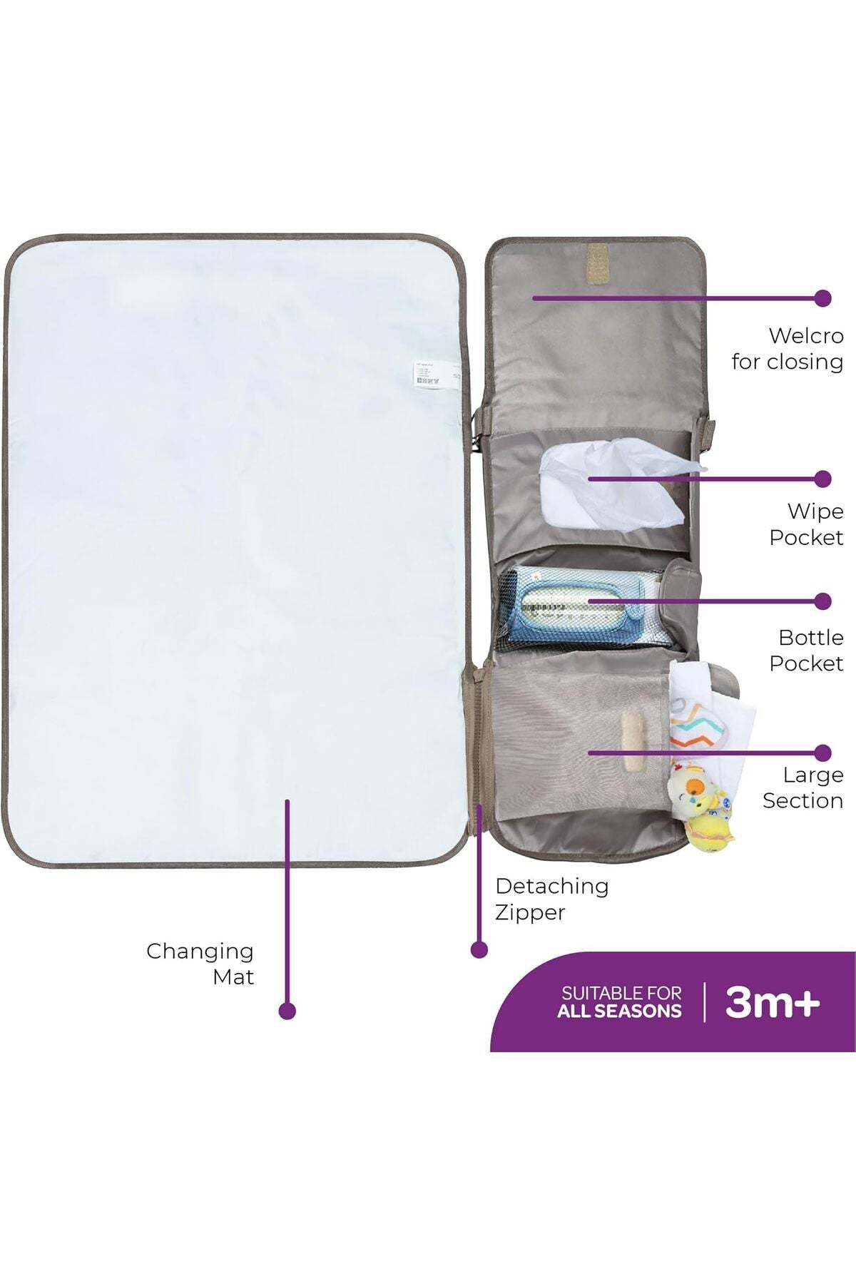 MOON Portable Diaper Changing Station -Waterproof Foldable Baby Travel Changing Bag kit -Beige