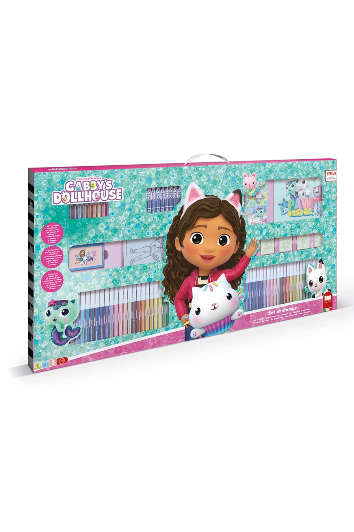 Gabby’s Dollhouse Mega Maxi Art & Craft Set – 60 Washable Markers, 10 Pencil Crayons, 10 Wax Crayons, 6 Wooden Stamps with Ink Pad, Coloring Book, Notebook & 30 Stickers – Kids Creative Stationery Kit
