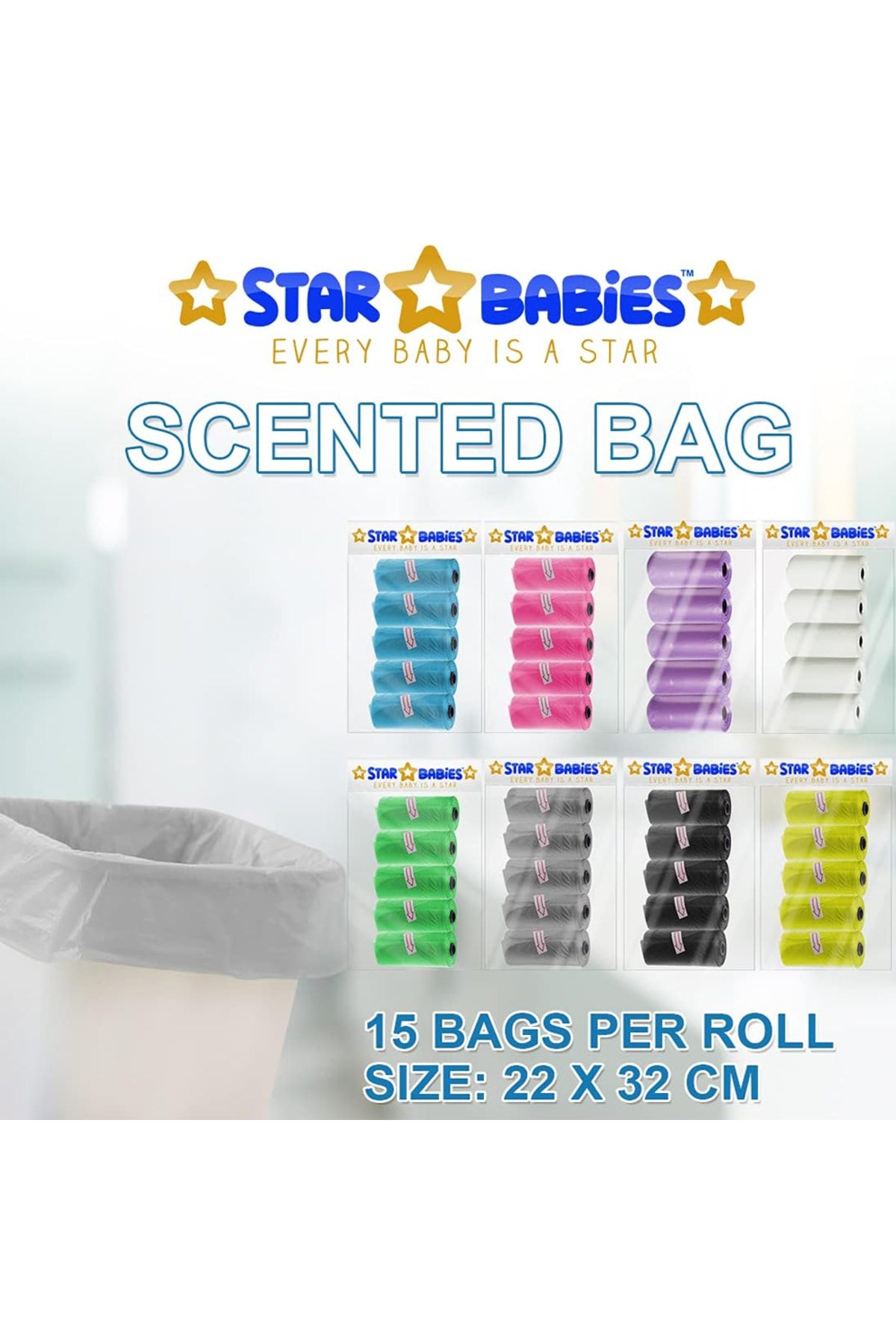 Star Babies - Scented Nappy Bag Pack of 10/150 Bags Grey & Assorted Dispenser