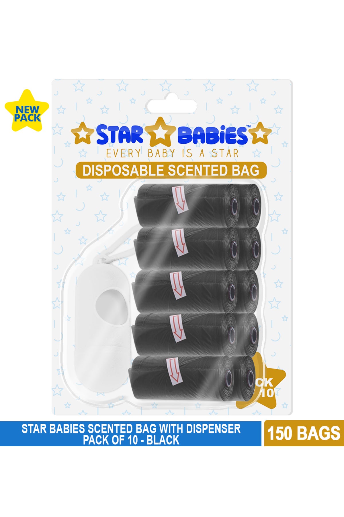Star Babies - Scented Nappy Bag W/ Dispenser Blister - Pack of 10/150 Bags - Black