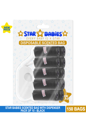 Star Babies - Scented Nappy Bag W/ Dispenser Blister - Pack of 10/150 Bags - Black