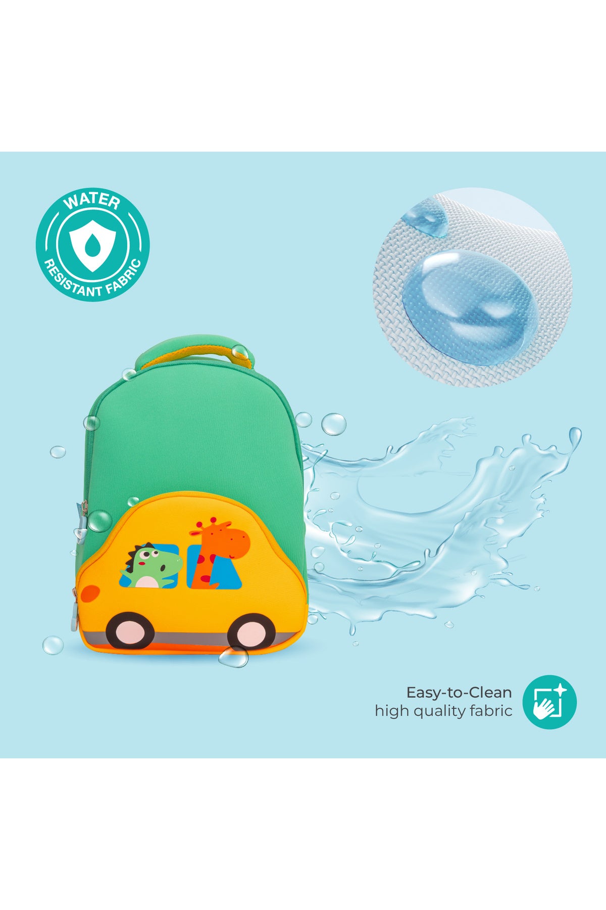 MOON Kids Backpack  – Comfy 3D Design,Padded Straps, Waterproof-Perfect for Preschool, Nursery, Snacks & Lunchbox-Car/Green