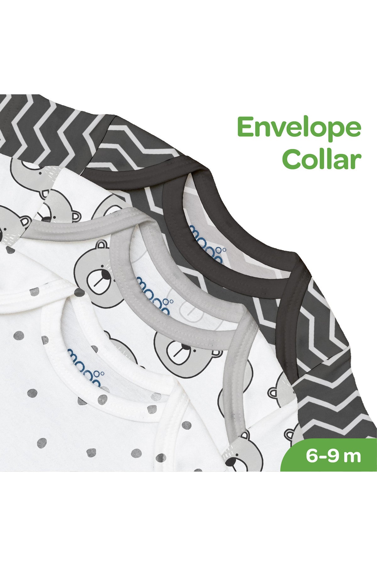 MOON Organic Baby Body Suit Set of 5 for Unisex and Boys for 6-9 Months -Grey
