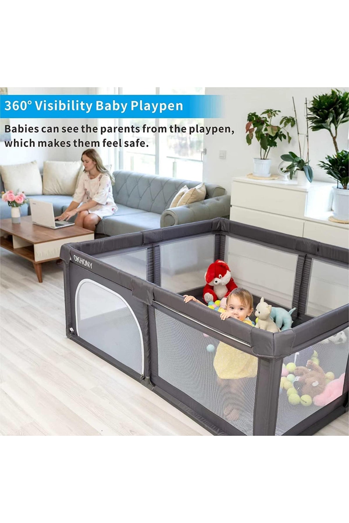 Star Babies - Baby Playpen With 4 Pull-Up Rings - Dark Grey - 200 x 200 cm
