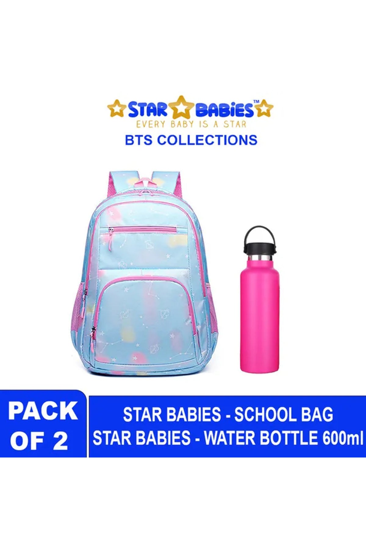 Star Babies - School Backpack With Stainless Steel Water Bottle 600ml - Pink