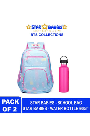Star Babies - School Backpack With Stainless Steel Water Bottle 600ml - Pink