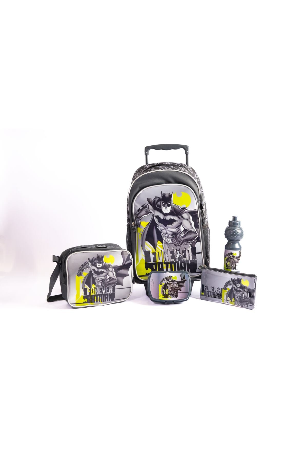 Batman 18" 5-In-1 School Trolley Set With Lunch Bag, Pencil Case, Water Bottle & Lunch Box – Dark Grey