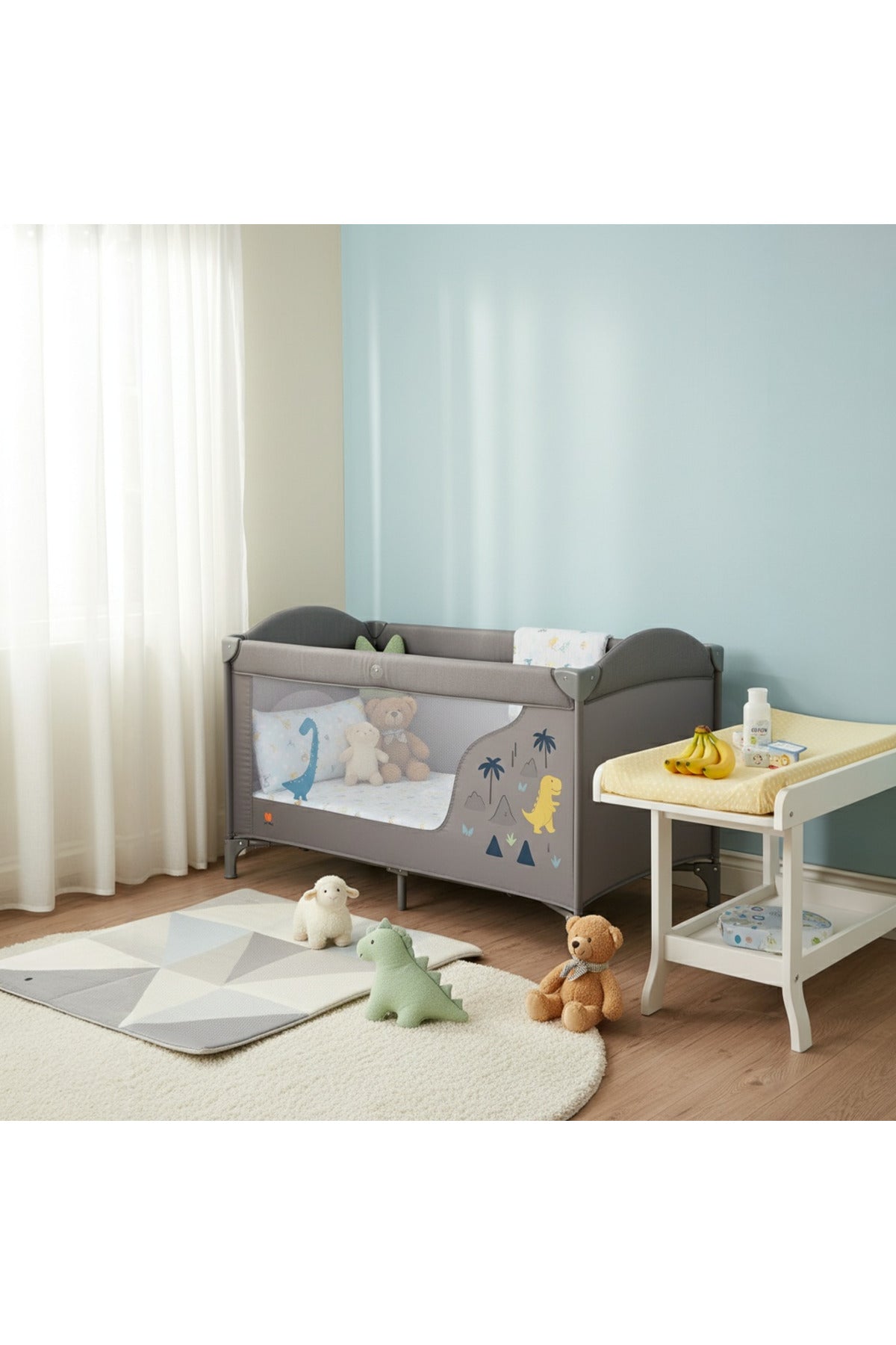 Kikibebe Portable Foldable Baby Crib Convertible To Full-Size Bed Newborn Multi-Functional Playpen Movable Design - Grey