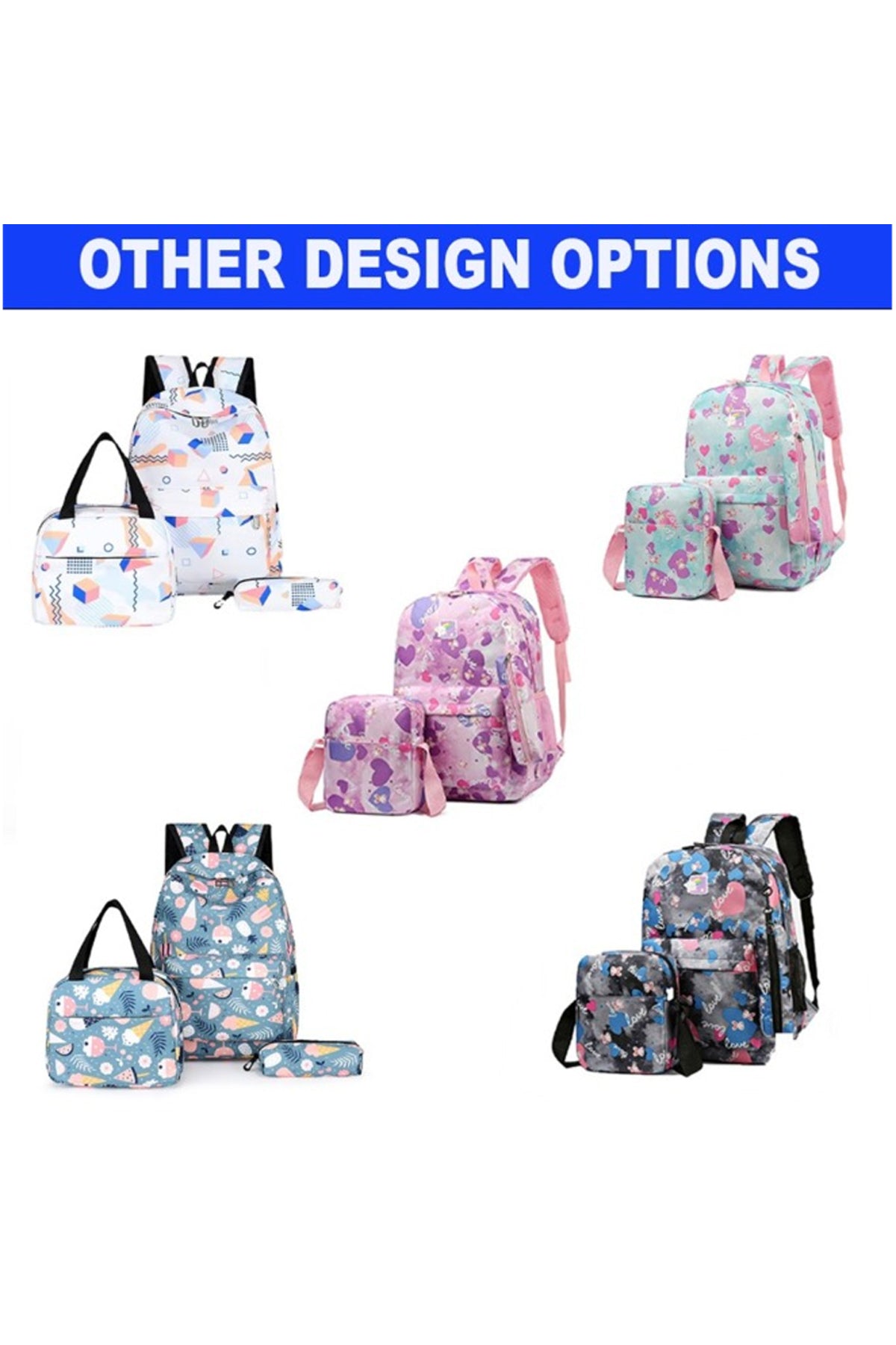 Star Babies - Preppy Style Rainbow Color School Backpack With Lunch Box Bag & Pencil Case - 3pcs Set - White