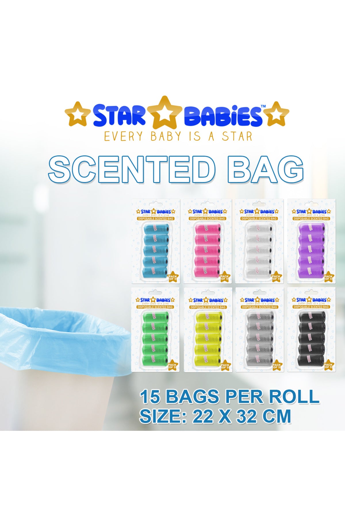 Star Babies - Scented Nappy Bag Blister - Pack of 5/75 Bags - Pink