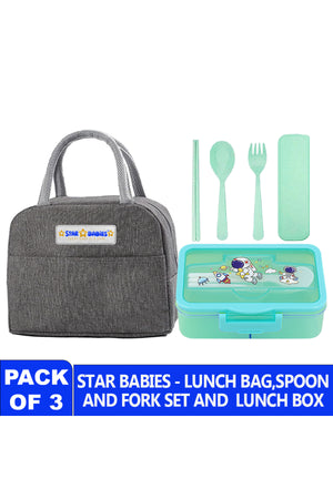 Star babies pack of 3 combo - Insulated lunch bag and 4 compartment lunch box with organic cuttlery set.