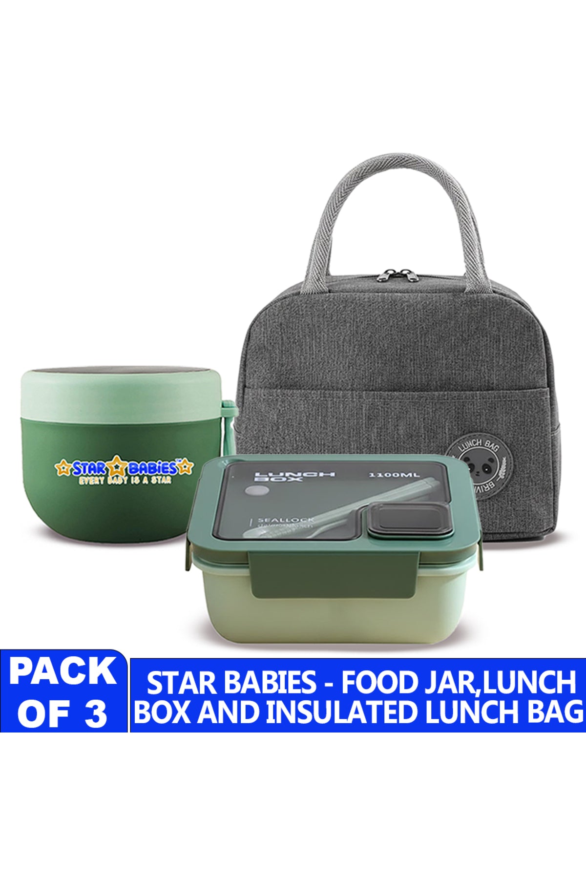Star Babies 3-in-1 School Lunch Combo – Insulated Lunch Bag, Leak-Proof Bento Lunch Box, and  Stainless Steel Mini Food Jar Set for Kids, Toddlers & School