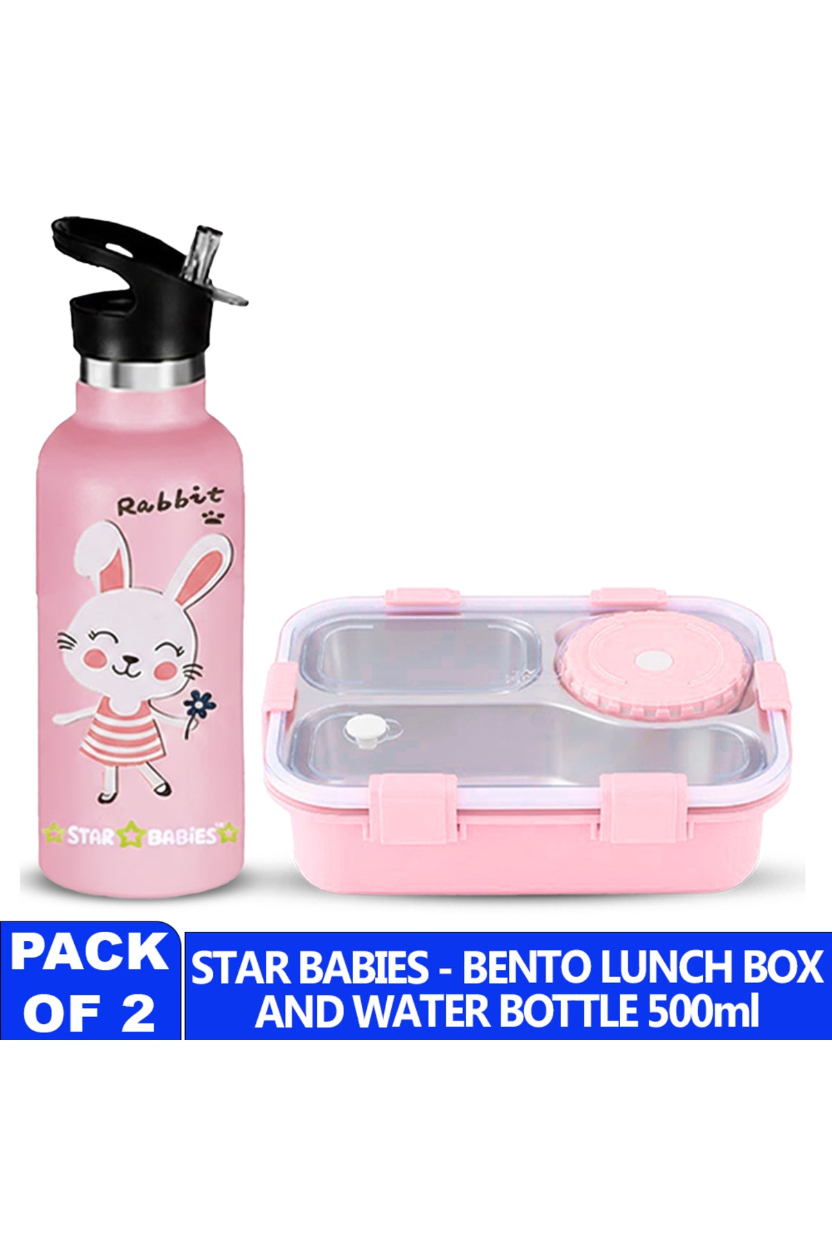 Star Babies Kids Lunch Box & Water Bottle Set | 500ml Stainless Steel Water Bottle | 3-Compartment Food Grade 304 Stainless Steel Lunch Box
