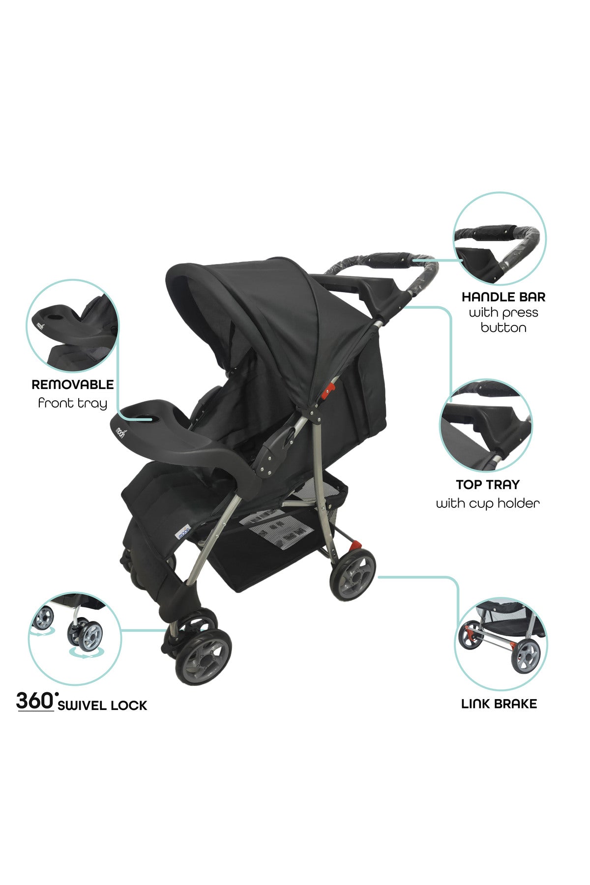 MOON Bezik - One Fold Stroller,Black + Grey dots