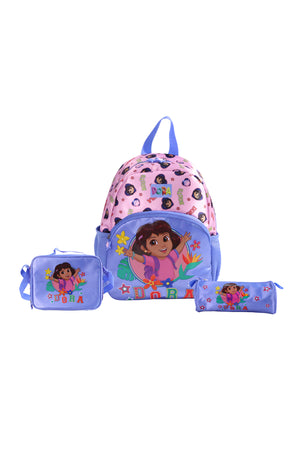 MOON Licensed Dora the Explorer 3-in-1 Kids Backpack Set  - (13-Inch) Premium Kids School Bag with Lunch Bag & Pencil Case-Pink & Blue