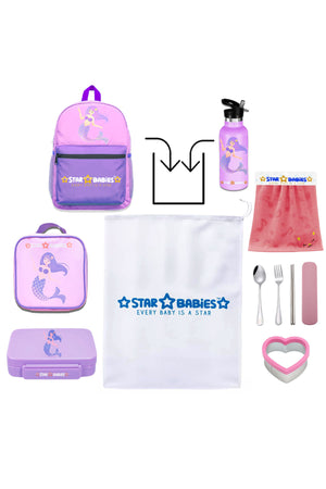 Star Babies Set of 4 – Little Mermaid Theme 16" School Bag, 4-Compartment Lunch Box, Insulated Lunch Bag, 500ml Water Bottle