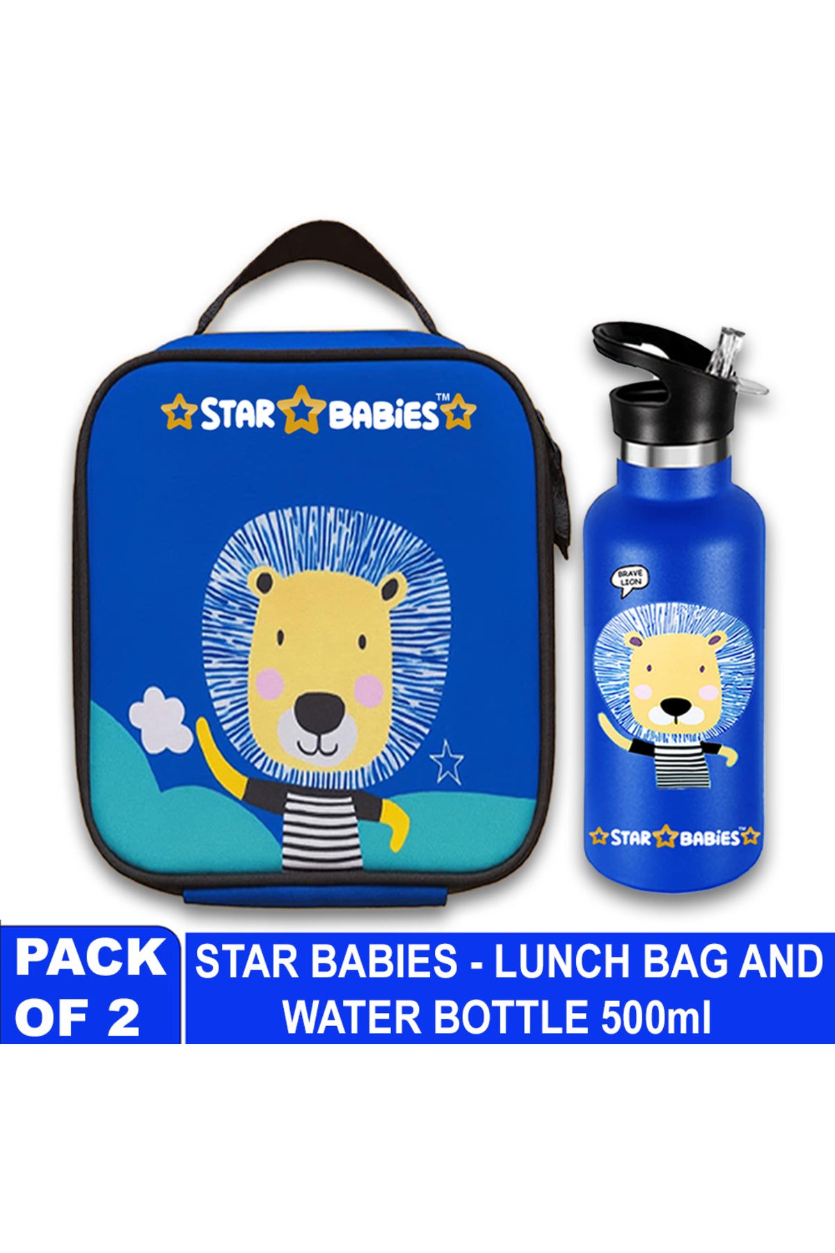 Star Babies Brave Lion Themed Bento Lunch Bag , Toddler-Friendly, 3 Years+, Easy to clean-  -with 500ml Stainless Steel Water bottle